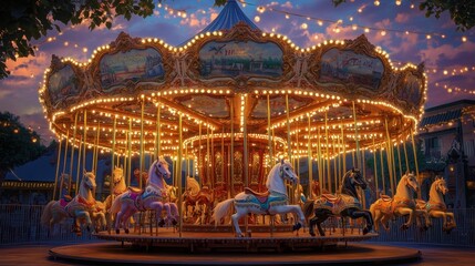 Intricately Decorated Carousel Illuminated at Twilight, Carnival Scene