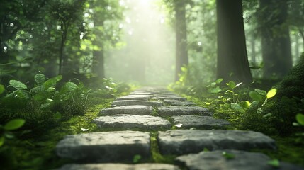 Serene Forest Pathway, tranquil stone path winding through lush greenery, inviting exploration in a peaceful woodland setting