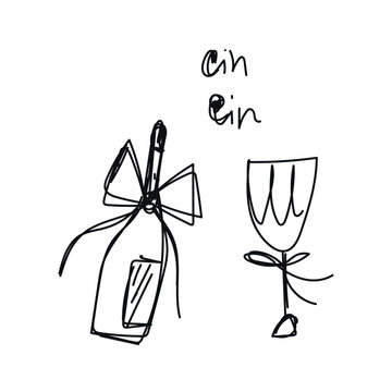 Hand-drawn chalk icon: retro and vintage wedding elements &ndash; festive bottle with bow and glass. Doodle-style vector illustration with playful, handwritten design