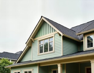 Modern house exterior shows light teal color siding with dark gray roof. Nice windows with light trim enhance home aesthetic. House well-maintained. Image shows construction details, modern design.