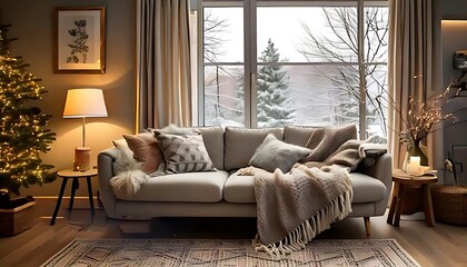 Fototapeta premium The living room has a warm and inviting atmosphere, featuring a comfortable sofa adorned wit