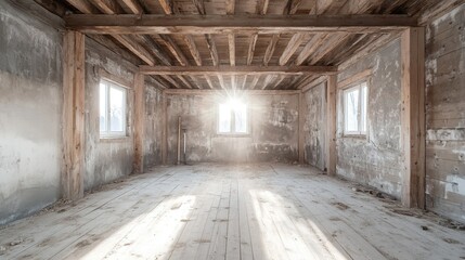 Rustic Home Makeover, showcasing exposed wooden beams, renovation tools, and a blend of modern and traditional design elements