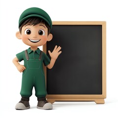 A 3D isolated cartoon character of boy a student wearing a graduation cap standing next to a blackboard, mock up concept, copy space for text