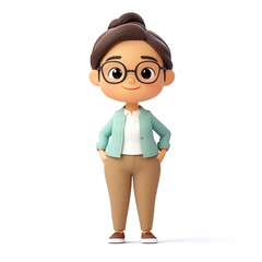 A 3D isolated cartoon character of a female kindergarten teacher wearing glasses on a white background