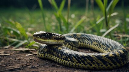 Fototapeta premium Close-up of a Venomous Snake in Nature – Green Viper with Scales and Tongue in Wild Habitat