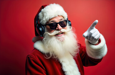 Santa Claus enjoys festive season with headphones, shades. Modern Santa Claus dances, celebrates Christmas, New Year in style on red background. Points at something with joy. Santa Claus looks happy,