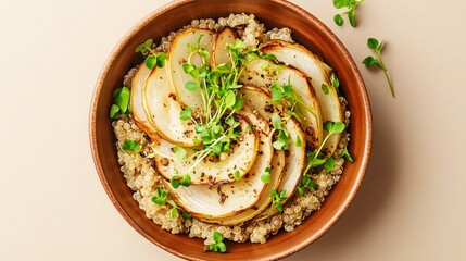 Roasted fennel and quinoa bowl, isolated on a clean beige background with microgreens for garnish