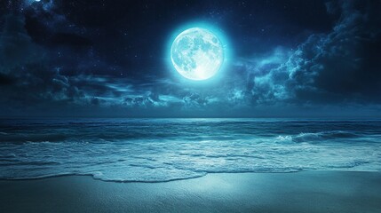 Glowing Waves, a serene ocean scene illuminated by bioluminescent plankton under a starlit night sky, evoking wonder and tranquility