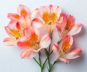 Fototapeta premium A bouquet of peach-colored Alstroemeria flowers on a white background.