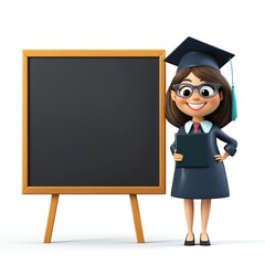 A 3D isolated cartoon character of a female teacher or a student wearing a graduation cap standing next to a blackboard, mock up concept, copy space for text