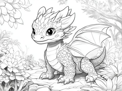 Coloring book of dragon for children and adults,  Kids coloring books with cute dragon cartoon character, fun and educational materials for kindergarten.