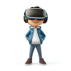A 3D isolated cartoon character of. boy wearing jeans and a white t shirt and a VR headset on a white background