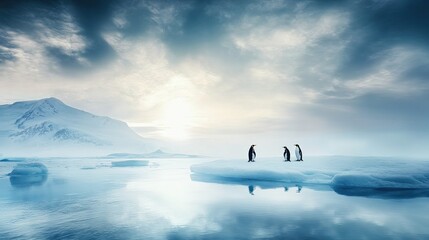 Fototapeta premium Polar Ocean Serenity, penguins on ice floes, tranquil atmosphere, vast icy landscape, peaceful wildlife scene, winter wonderland
