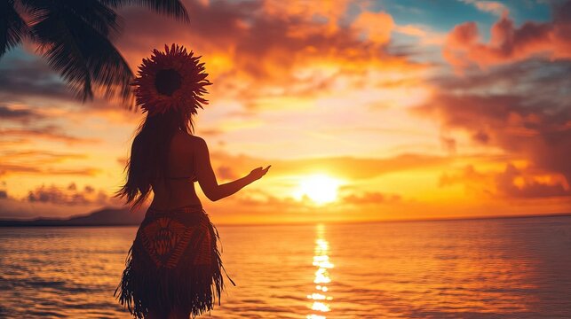 Polynesian dancer in ceremonial attire, vibrant sunset backdrop, traditional island festival atmosphere, cultural celebration energy