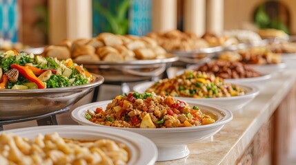 Fototapeta premium Halal food combines tradition with restaurant dining. Vibrant buffet display featuring various tasty dishes.