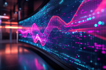 A vibrant digital waveform displayed on a large curved screen, representing data flow and visualization.