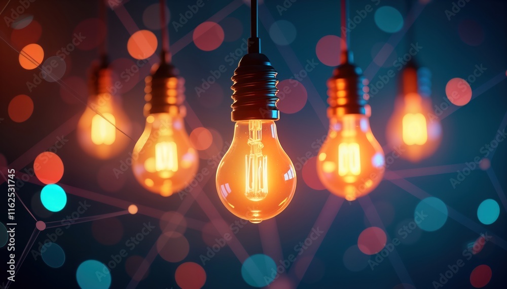 Poster bright glowing light bulbs with abstract network pattern, bokeh lights. ideas, innovation concept. i