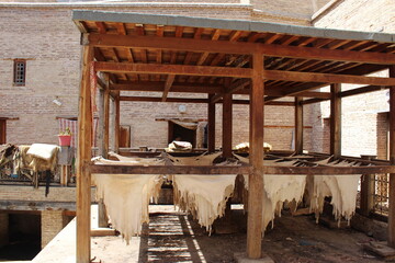 Obraz premium Peaux de cuir dans une usine de fabrication artisanale au Maroc à Fes 