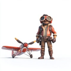 A cartoon-style pilot stands beside a small red airplane, showcasing a playful aviation theme.
