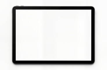 Modern blank tablet display on white background. Tech device with empty screen. Portable tech. Digital device. New product demo. Mobile tech. Tech gadget. Isolated tech object. Empty tech screen.