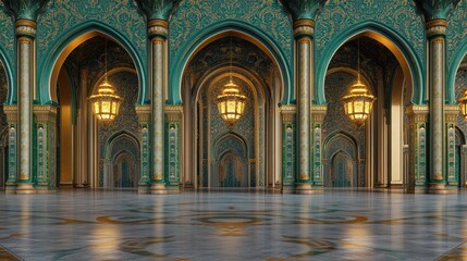 Fototapeta premium Grand Teal Palace Hall: Elegant Arches, Golden Accents, and Warm Lighting