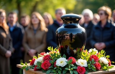 Mourners gather around black urn at solemn funeral ceremony. Floral arrangements surround container of ashes. People wear somber clothing. Scene shows grief, remembrance. Family members, friends