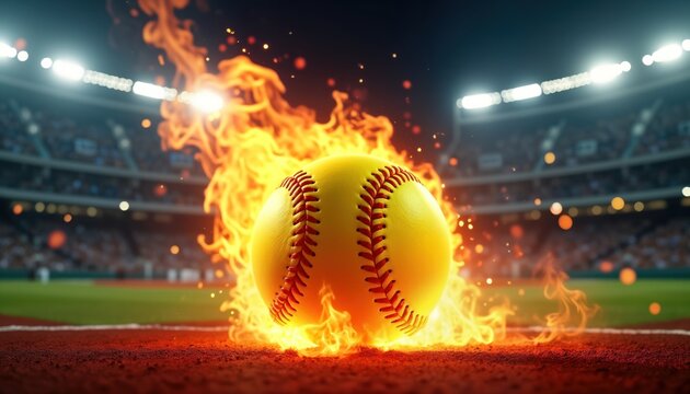 Fiery softball ignites game on baseball field under stadium lights. Passionate energy, speed fill scene. Dramatic action during game. Intense competition. Sports excitement. Fans cheer