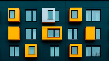 Colorful apartment building facade with many windows and balconies.