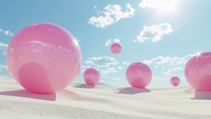 Pink spheres scattered across a white sandy landscape under a bright blue sky. A dreamy, surreal scene.