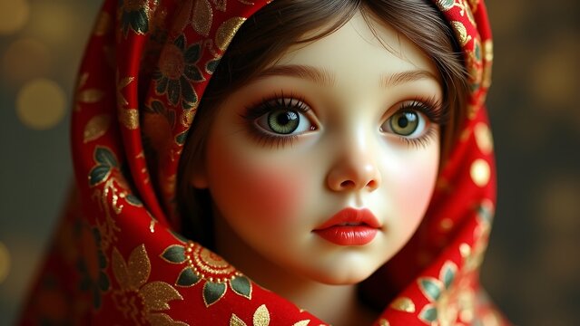 A doll with a red scarf around her head and a green eye