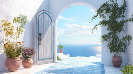 Obraz premium Mediterranean Coastal View Through Archway Door