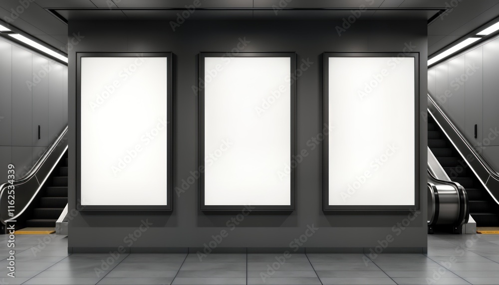 Poster three large vertical blank posters in a metro station. metro escalators in the background. modern de