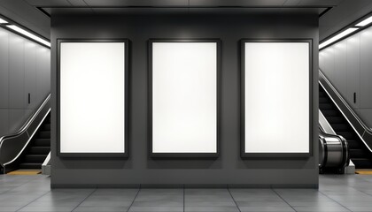 Three large vertical blank posters in a metro station. Metro escalators in the background. Modern design for advertising. Blank space for graphics or ads. Great for marketing campaigns.