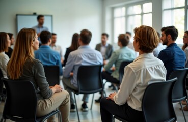 Group of people attend workshop at medical institution. Participants seated in circle. Speaker in front of group. Medical staff likely facilitates learning session. Attendees look focused.