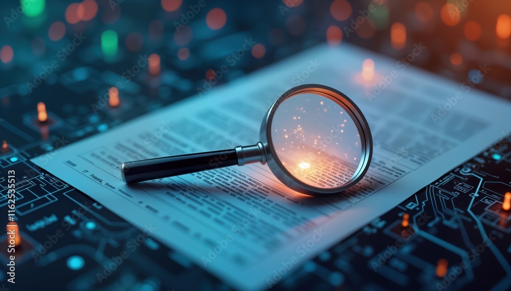 Aufkleber security risk assessment concept. Magnifying glass focuses on document in abstract tech atmosphere. Scrutiny, protection of data highlighted. Digital document analysis, threat prevention strategies