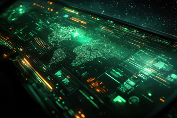 Global network visualization on a futuristic digital interface showcasing worldwide connectivity and data streams.