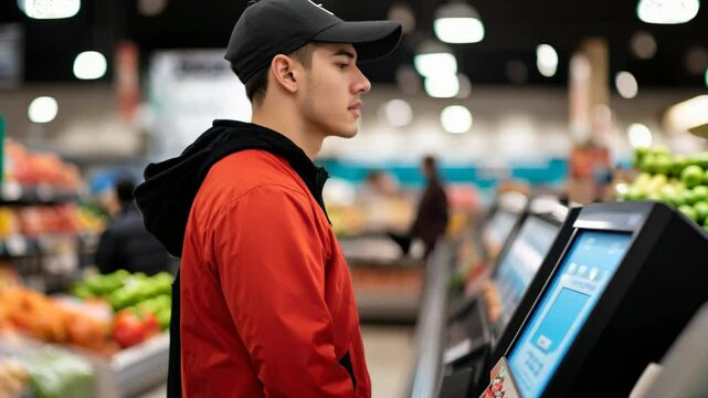 Young man in red jacket at grocery store self checkout kiosk, engaged with screen while surrounded by vibrant produce and fresh fruits, creating lively shopping atmosphere.
