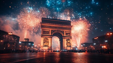 New year's eve fireworks celebration at arc de triomphe paris