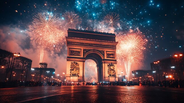 New year's eve fireworks celebration at arc de triomphe paris