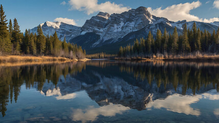Fototapeta premium Mountain Landscape, Mountain lake reflecting snowy peaks and forests in stunning natural landscape, Mountains in the Bow River, Nature Background