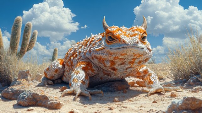 Orange horned toad in desert landscape. - Powered by Adobe