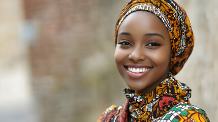 Fototapeta premium Smiling young woman dressed in traditional African attire and headscarf -