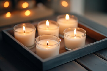 Lit scented candles in glass jars arranged in a wooden tray for cozy ambiance