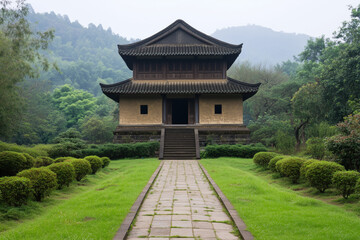 A beautifully preserved traditional Asian temple with intricate architecture, set amid vibrant gardens and misty forested mountains