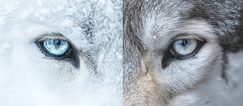 Close-up of two wolf eyes covered in snow.
