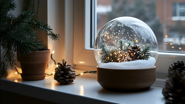 Snow globe on a windowsill with pinecones and string lights for Christmas  -
