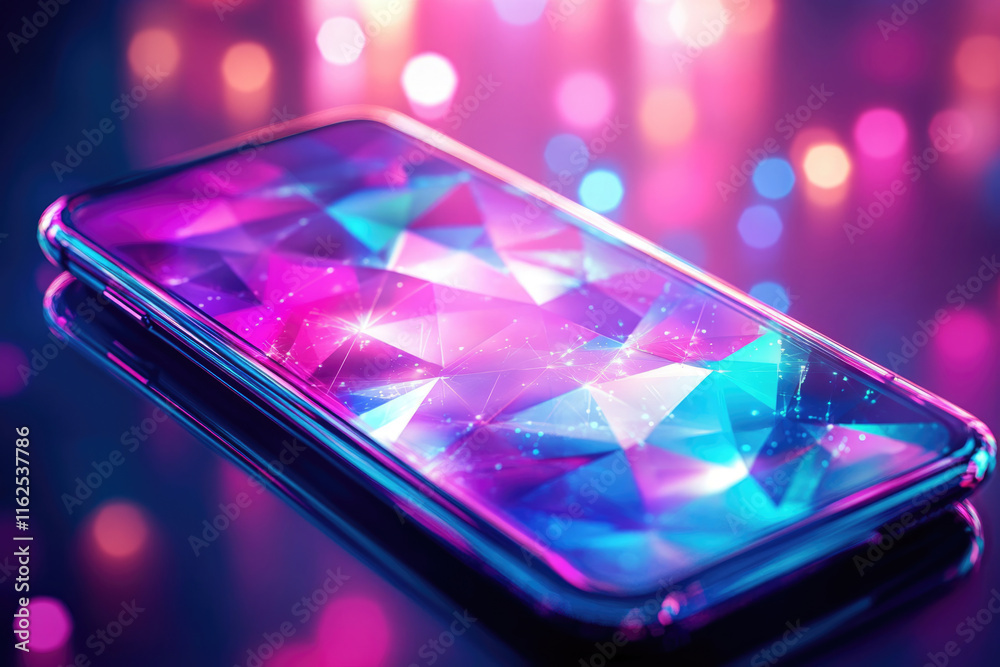 Wall mural a vibrant smartphone screen displays a mesmerizing geometric pattern, glowing with neon colors.