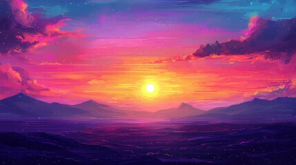 Fototapeta premium Vibrant Sunset Over Purple Mountain Landscape