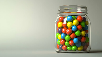 Colorful gumballs in a clear glass jar, studio shot against a neutral background. Perfect for concepts of joy, childhood memories, or sweet treats.