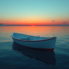 Naklejka premium Peaceful white rowboat on serene ocean at sunset.